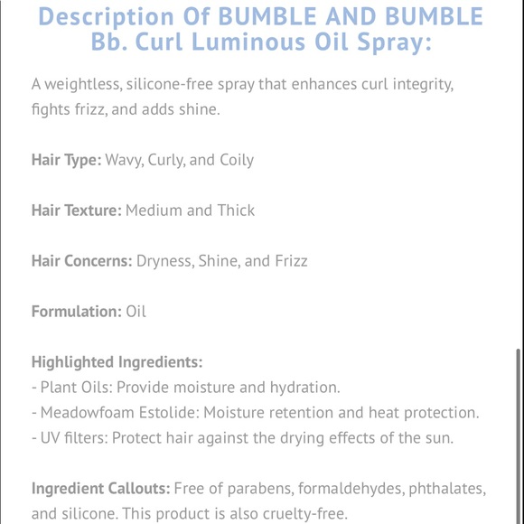 NWT BUMBLE & BUMBLE Bb. CURL LUMINOUS OIL SPRAY - Picture 2 of 3